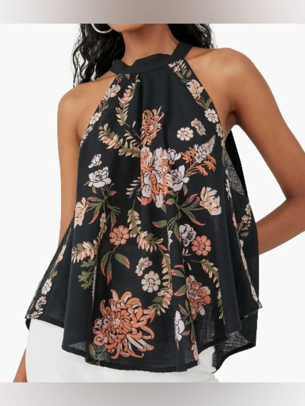 Free People Black Floral Halter Swing Cami with Peach and Cream Flowers: Large